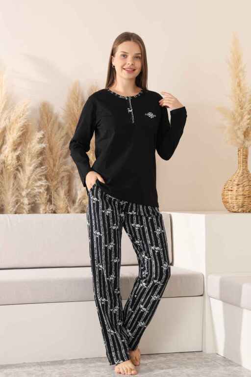 Çizgili Kadın Pijama Takımı - Siyah Nakışlı Uzun Kollu Likralı Pamuk 2883UK - 4