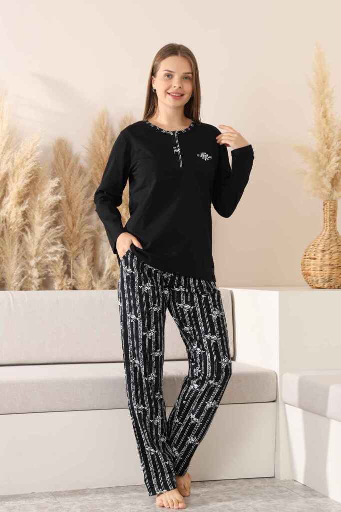 Çizgili Kadın Pijama Takımı - Siyah Nakışlı Uzun Kollu Likralı Pamuk 2883UK - 4