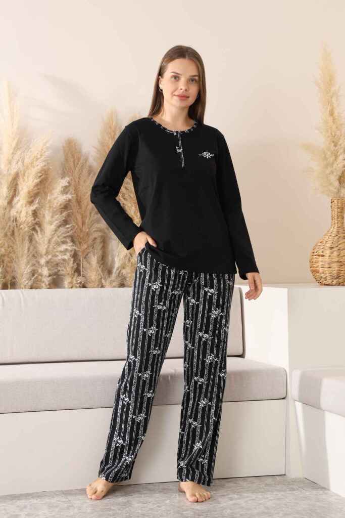 Çizgili Kadın Pijama Takımı - Siyah Nakışlı Uzun Kollu Likralı Pamuk 2883UK - 1