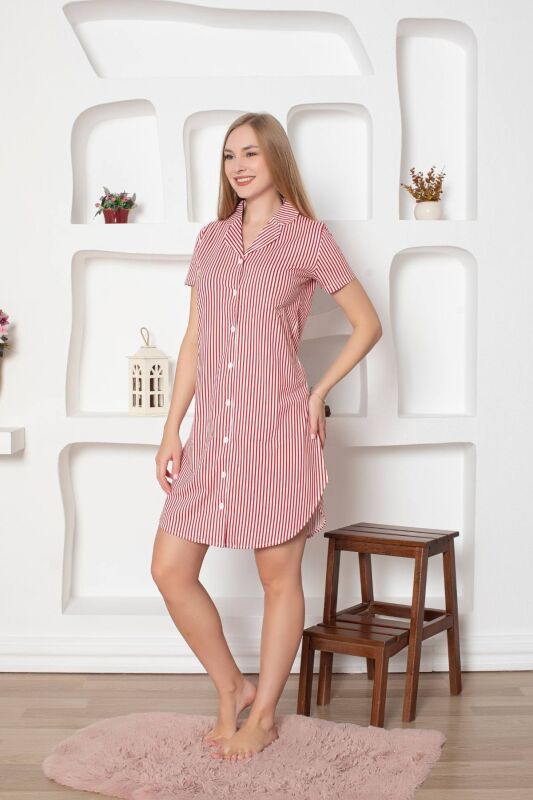 Çizgili Kısa Kollu Boydan Düğmeli Gecelik 2792KG - 1