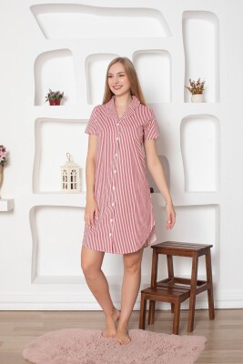 Çizgili Kısa Kollu Boydan Düğmeli Gecelik 2792KG - 3