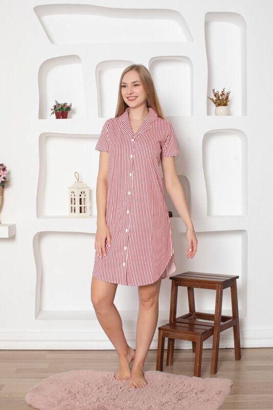 Çizgili Kısa Kollu Boydan Düğmeli Gecelik 2792KG - 3