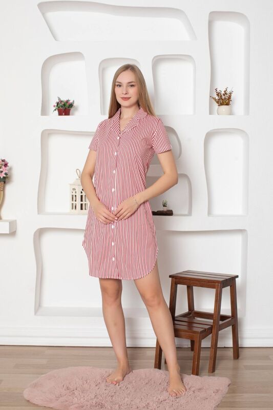 Çizgili Kısa Kollu Boydan Düğmeli Gecelik 2792KG - 4