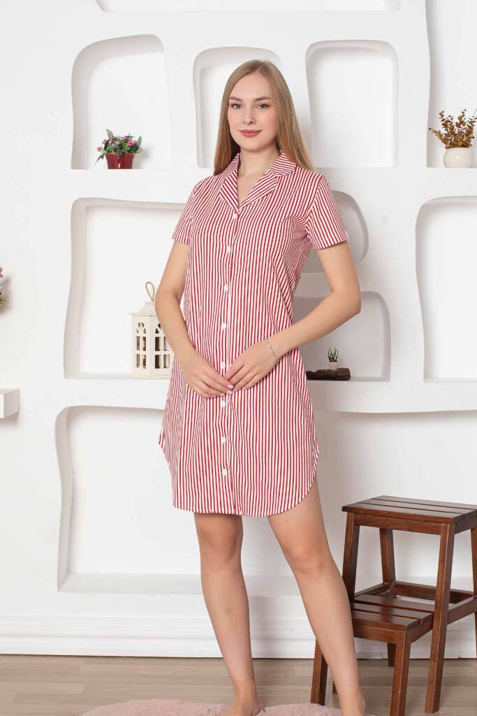 Çizgili Kısa Kollu Boydan Düğmeli Gecelik 2792KG - 1