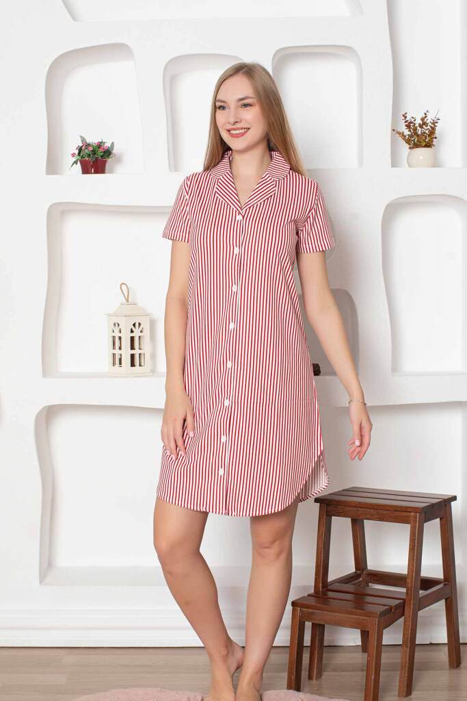 Çizgili Kısa Kollu Boydan Düğmeli Gecelik 2792KG - 2