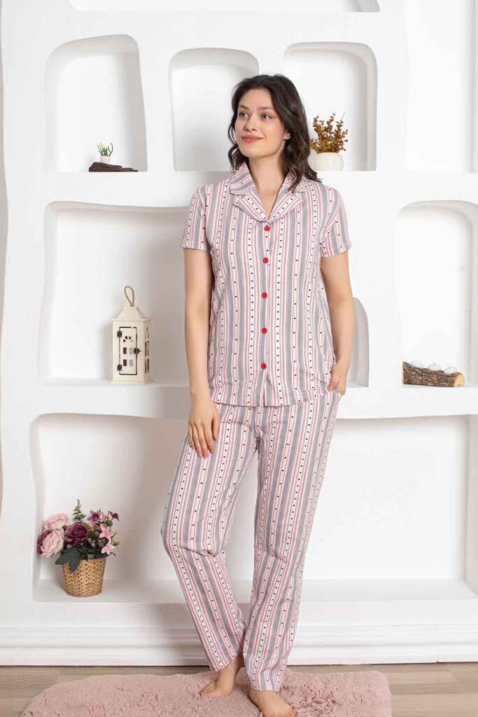 Çizgili Kısa Kollu Gömlek Pijama Takımı 2781KY - 1