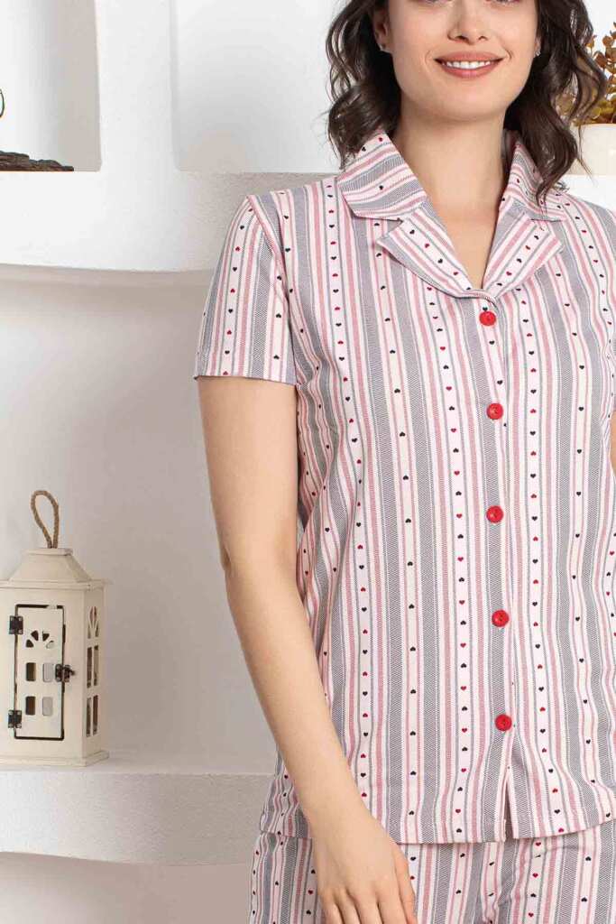 Çizgili Kısa Kollu Gömlek Pijama Takımı 2781KY - 2