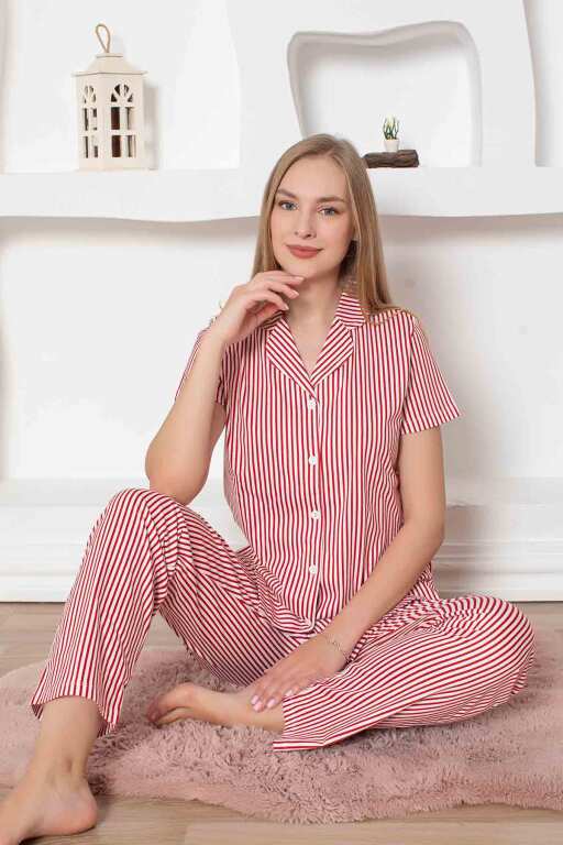 Çizgili Kısa Kollu Gömlek Pijama Takımı 2791KY - 3