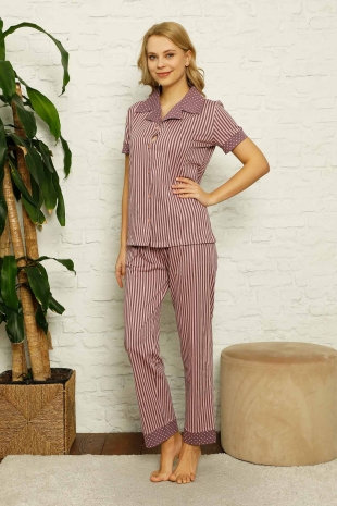 Çizgili Önden Düğmeli Kısa Kollu Bayan Pijama Takımı 2620KY - Alimer (1)