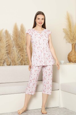 Desenli Kadın Pijama Takımı - Bahar Çiçekleri Fırfırlı kol Likralı Viskon Bermuda 2840B - 1