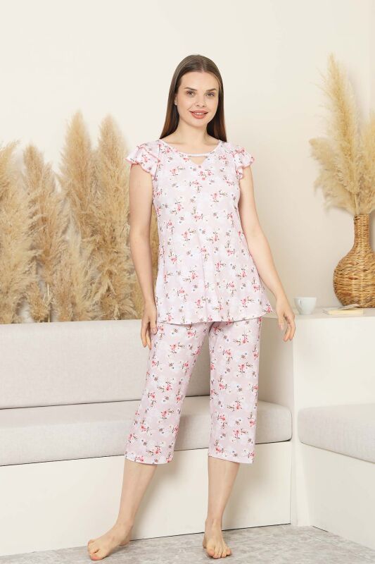 Desenli Kadın Pijama Takımı - Bahar Çiçekleri Fırfırlı kol Likralı Viskon Bermuda 2840B - 1