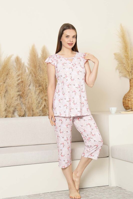 Desenli Kadın Pijama Takımı - Bahar Çiçekleri Fırfırlı kol Likralı Viskon Bermuda 2840B - 2