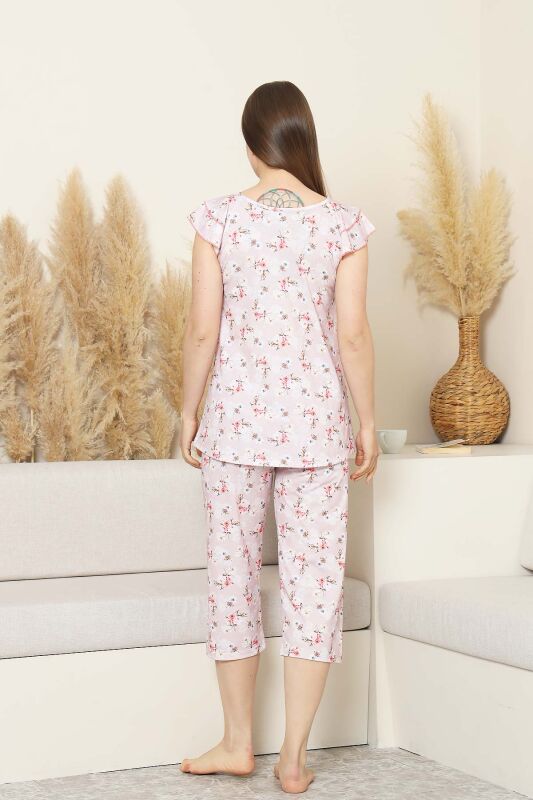 Desenli Kadın Pijama Takımı - Bahar Çiçekleri Fırfırlı kol Likralı Viskon Bermuda 2840B - 5