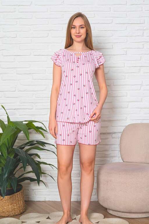Desenli Kadın Pijama Takımı - Çizgili Kiraz Fırfırlı Kol Likralı Viskon Şort Takım 2907ŞT - 1