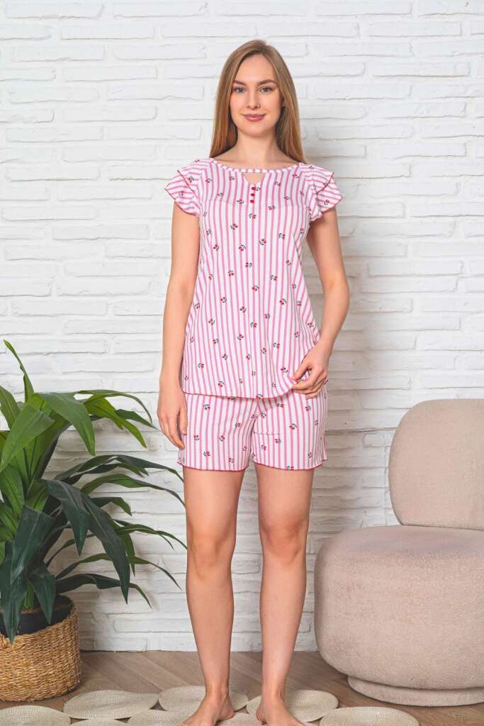 Desenli Kadın Pijama Takımı - Çizgili Kiraz Fırfırlı Kol Likralı Viskon Şort Takım 2907ŞT - 1