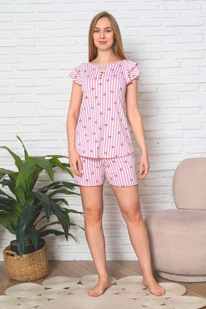 Desenli Kadın Pijama Takımı - Çizgili Kiraz Fırfırlı Kol Likralı Viskon Şort Takım 2907ŞT - 2