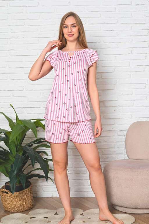Desenli Kadın Pijama Takımı - Çizgili Kiraz Fırfırlı Kol Likralı Viskon Şort Takım 2907ŞT - 3