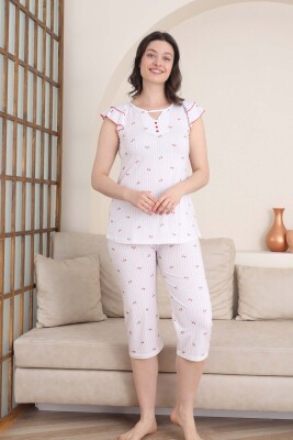 Desenli Kadın Pijama Takımı - Kiraz Fırfırlı kol Likralı Viskon Bermuda 2840B - Alimer