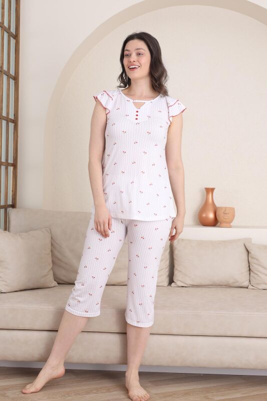 Desenli Kadın Pijama Takımı - Fırfırlı kol Likralı Viskon Bermuda 2840B - 3