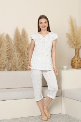 Desenli Kadın Pijama Takımı - Kelebek Fırfırlı kol Likralı Viskon Bermuda 2840B - Alimer (1)