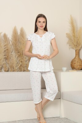 Desenli Kadın Pijama Takımı - Kelebek Fırfırlı kol Likralı Viskon Bermuda 2840B - 3