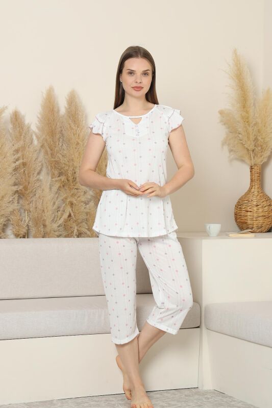 Desenli Kadın Pijama Takımı - Kelebek Fırfırlı kol Likralı Viskon Bermuda 2840B - 3