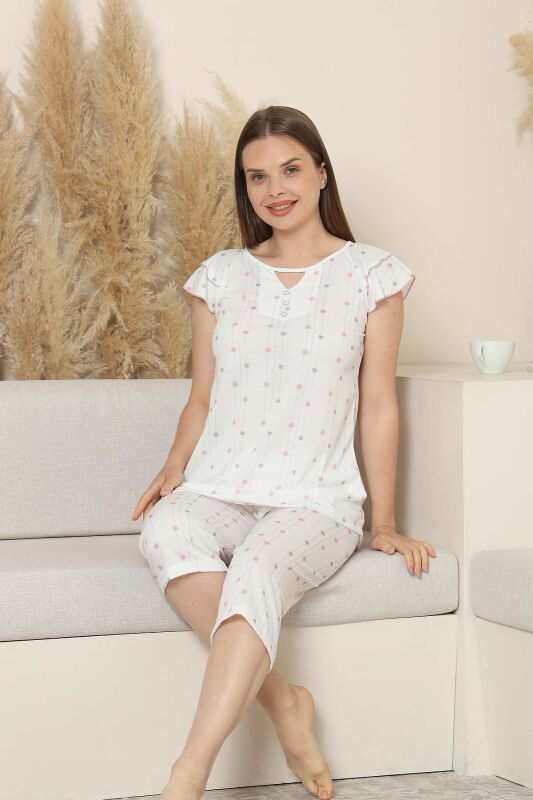 Desenli Kadın Pijama Takımı - Kelebek Fırfırlı kol Likralı Viskon Bermuda 2840B - 4