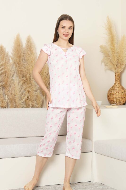 Desenli Kadın Pijama Takımı - Kuğu Fırfırlı kol Likralı Viskon Bermuda 2840B - 1