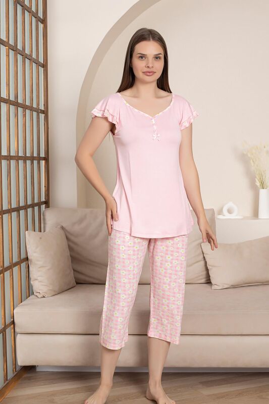 Desenli Kadın Pijama Takımı - Papatya Kareli Likralı Viskon Bermuda 2864B - 2