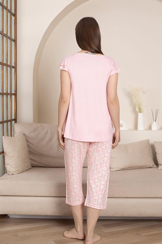 Desenli Kadın Pijama Takımı - Papatya Kareli Likralı Viskon Bermuda 2864B - 4
