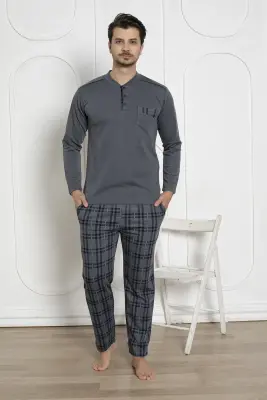 Ekoseli Erkek Pijama Takımı - Füme Kışlık Jakarlıİnterlok 1211UK - 2