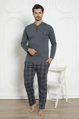 Ekoseli Erkek Pijama Takımı - Füme Kışlık Likralı İnterlok 1211UKL - 1