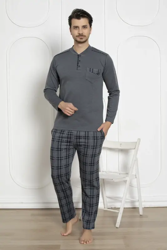 Ekoseli Erkek Pijama Takımı - Füme Kışlık Likralı İnterlok 1211UKL - 1