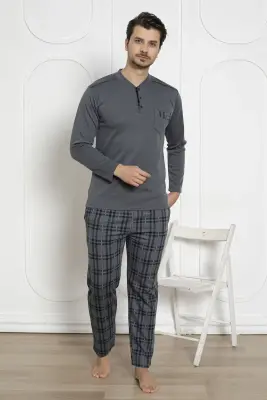 Ekoseli Erkek Pijama Takımı - Füme Kışlık Likralı İnterlok 1211UKL - 2