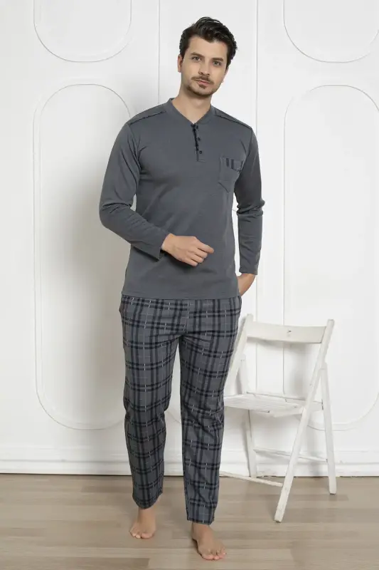 Ekoseli Erkek Pijama Takımı - Füme Kışlık Likralı İnterlok 1211UKL - 2