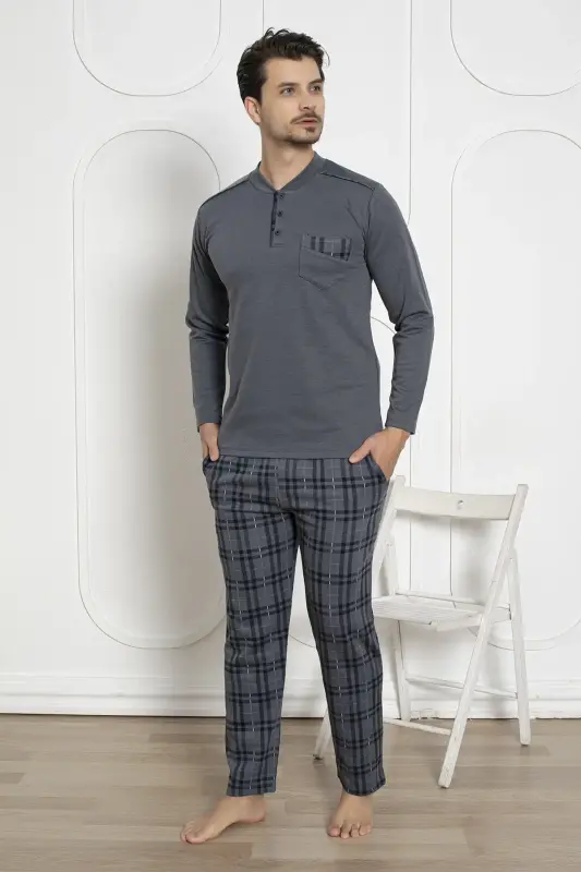 Ekoseli Erkek Pijama Takımı - Füme Kışlık Likralı İnterlok 1211UKL - 4