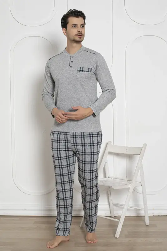 Ekoseli Erkek Pijama Takımı - Gri Kışlık Likralı İnterlok 1211UKL - 1