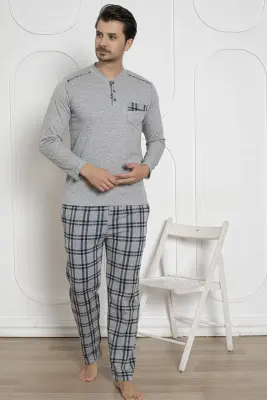 Ekoseli Erkek Pijama Takımı - Gri Kışlık Likralı İnterlok 1211UKL - 3