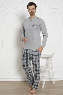 Ekoseli Erkek Pijama Takımı - Gri Kışlık Likralı İnterlok 1211UKL - 4