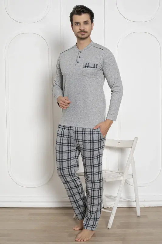 Ekoseli Erkek Pijama Takımı - Gri Kışlık Likralı İnterlok 1211UKL - 4