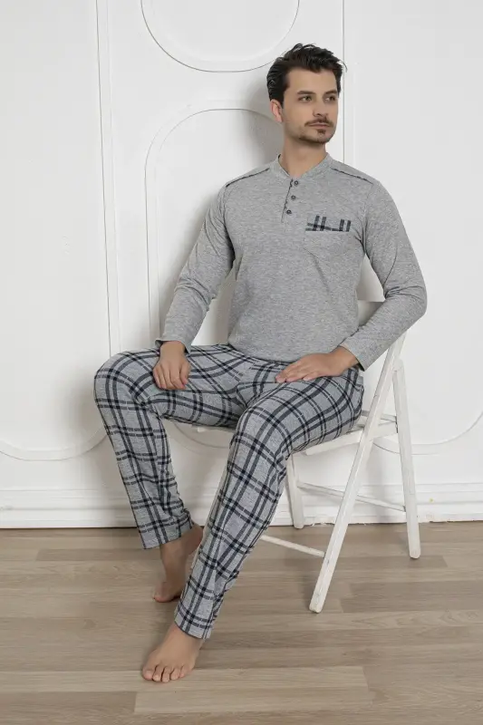 Ekoseli Erkek Pijama Takımı - Gri Kışlık Likralı İnterlok 1211UKL - 2