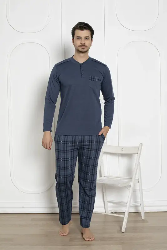 Ekoseli Erkek Pijama Takımı - İndigo Kışlık Jakarlı İnterlok 1211UK - 1