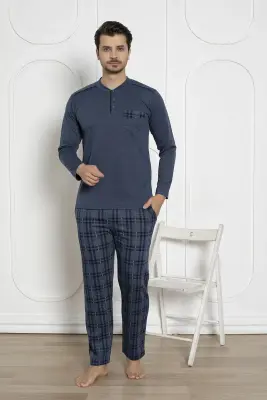 Ekoseli Erkek Pijama Takımı - İndigo Kışlık Jakarlı İnterlok 1211UK - 2