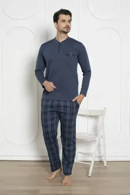 Ekoseli Erkek Pijama Takımı - İndigo Kışlık Jakarlı İnterlok 1211UK - 3