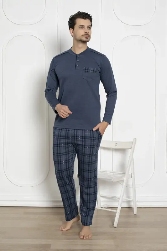 Ekoseli Erkek Pijama Takımı - İndigo Kışlık Jakarlı İnterlok 1211UK - 3