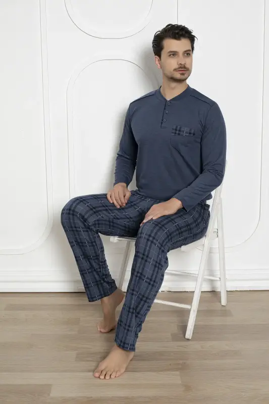 Ekoseli Erkek Pijama Takımı - İndigo Kışlık Jakarlı İnterlok 1211UK - 4