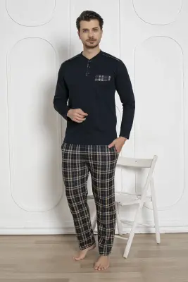 Ekoseli Erkek Pijama Takımı - Lacivert Kışlık Jakarlı İnterlok 1211UK - 3
