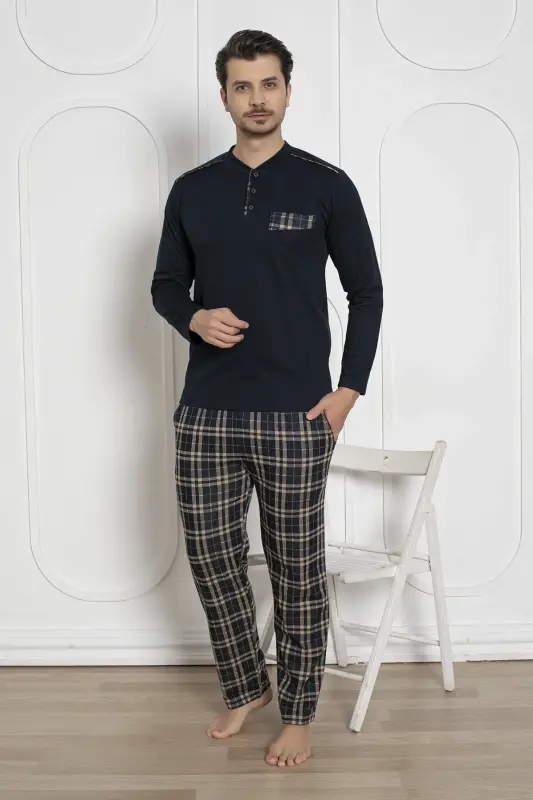 Ekoseli Erkek Pijama Takımı - Lacivert Kışlık Jakarlı İnterlok 1211UK - 3