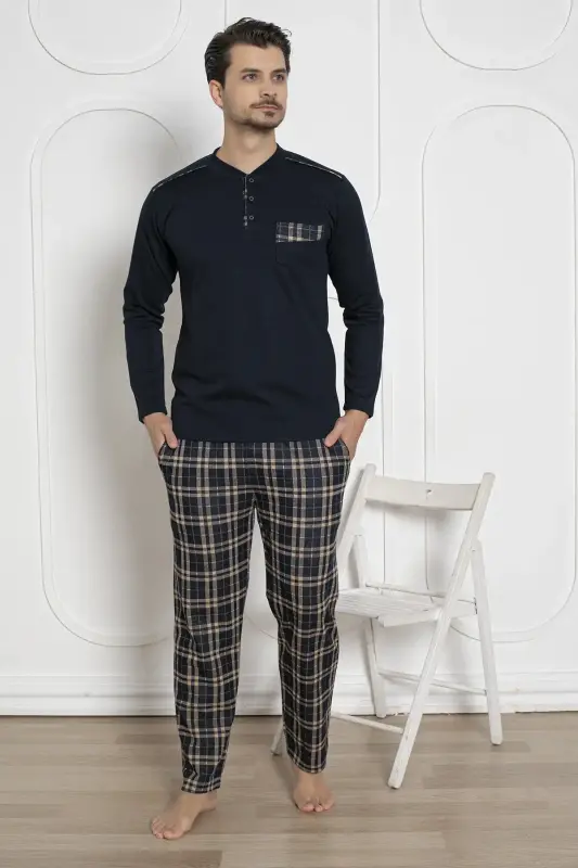Ekoseli Erkek Pijama Takımı - Lacivert Kışlık Jakarlı İnterlok 1211UK - 1