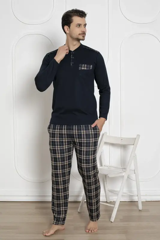 Ekoseli Erkek Pijama Takımı - Lacivert Kışlık Jakarlı İnterlok 1211UK - 4